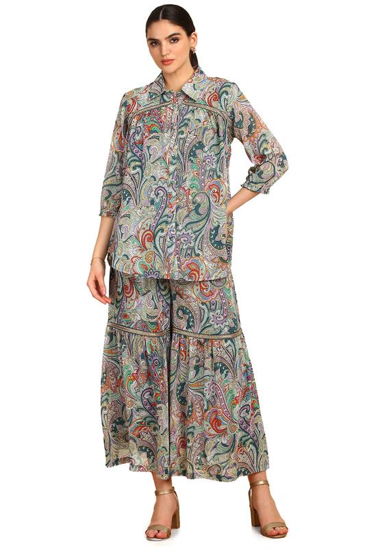 Soch Womens Teal Ethnic Motifs Print Georgette Blend Co-Ord Set With Sequins
