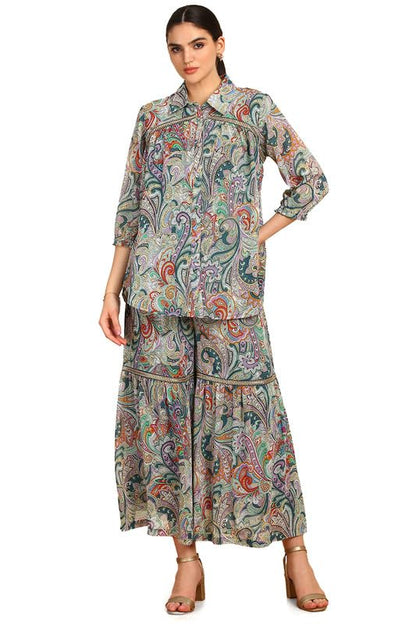 Soch Womens Teal Ethnic Motifs Print Georgette Blend Co-Ord Set With Sequins