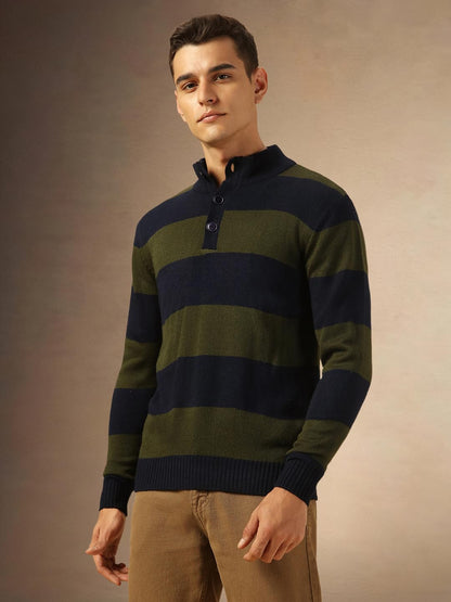 Dennis Lingo Men Regular Fit Acrylic Striped Full Sleeves Mock Collar Pullover Sweater Navy Blue
