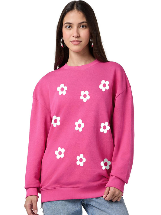Bewakoof WomenS Floral Print Oversized Fit Full Sleeve Round Neck Terry Sweatshirt_694595_Pink_S