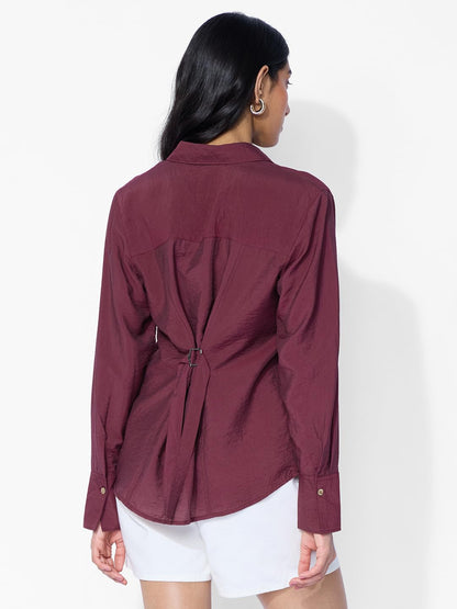 The Souled Store Back Tie Up Shirt: Claret Women and Girls Long Sleeves Collared Neck Button Front Solid Viscose Blend Oversized