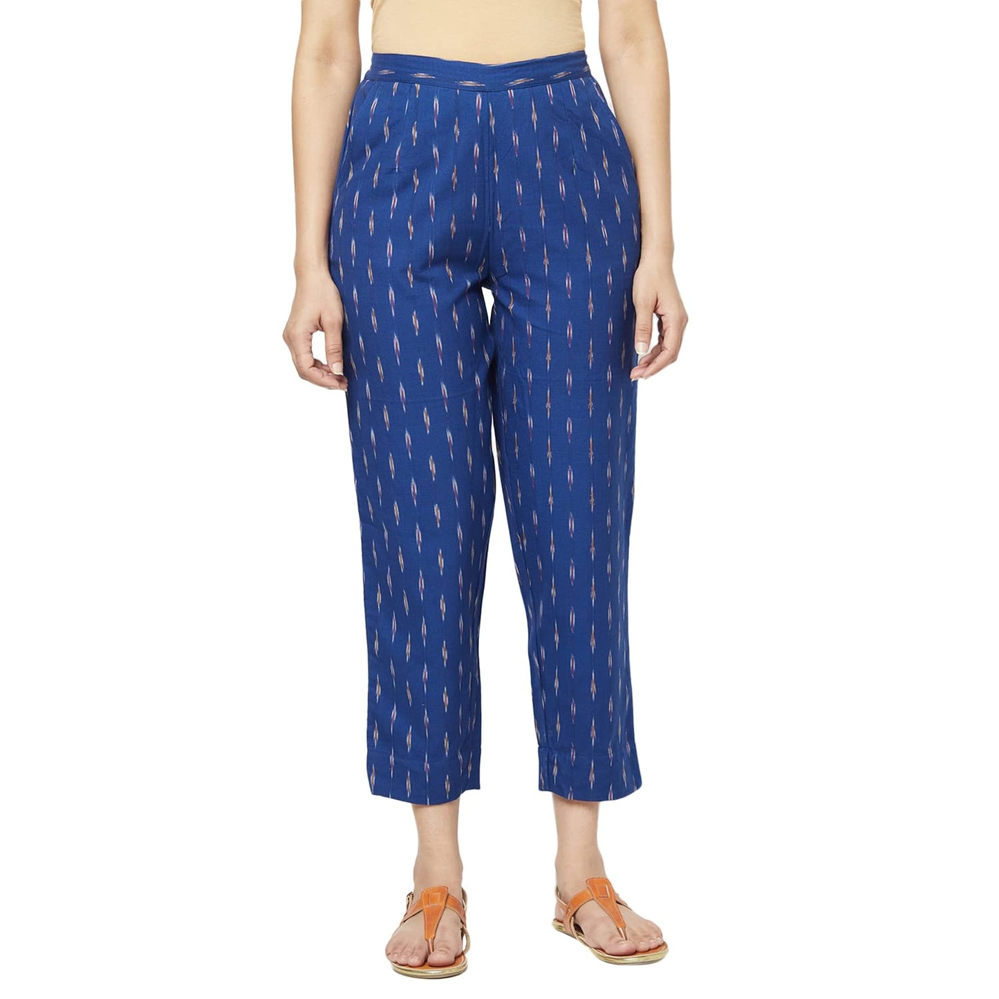 Fabindia Women Ikat Tapered Casual Pant Cotton_M Blue
