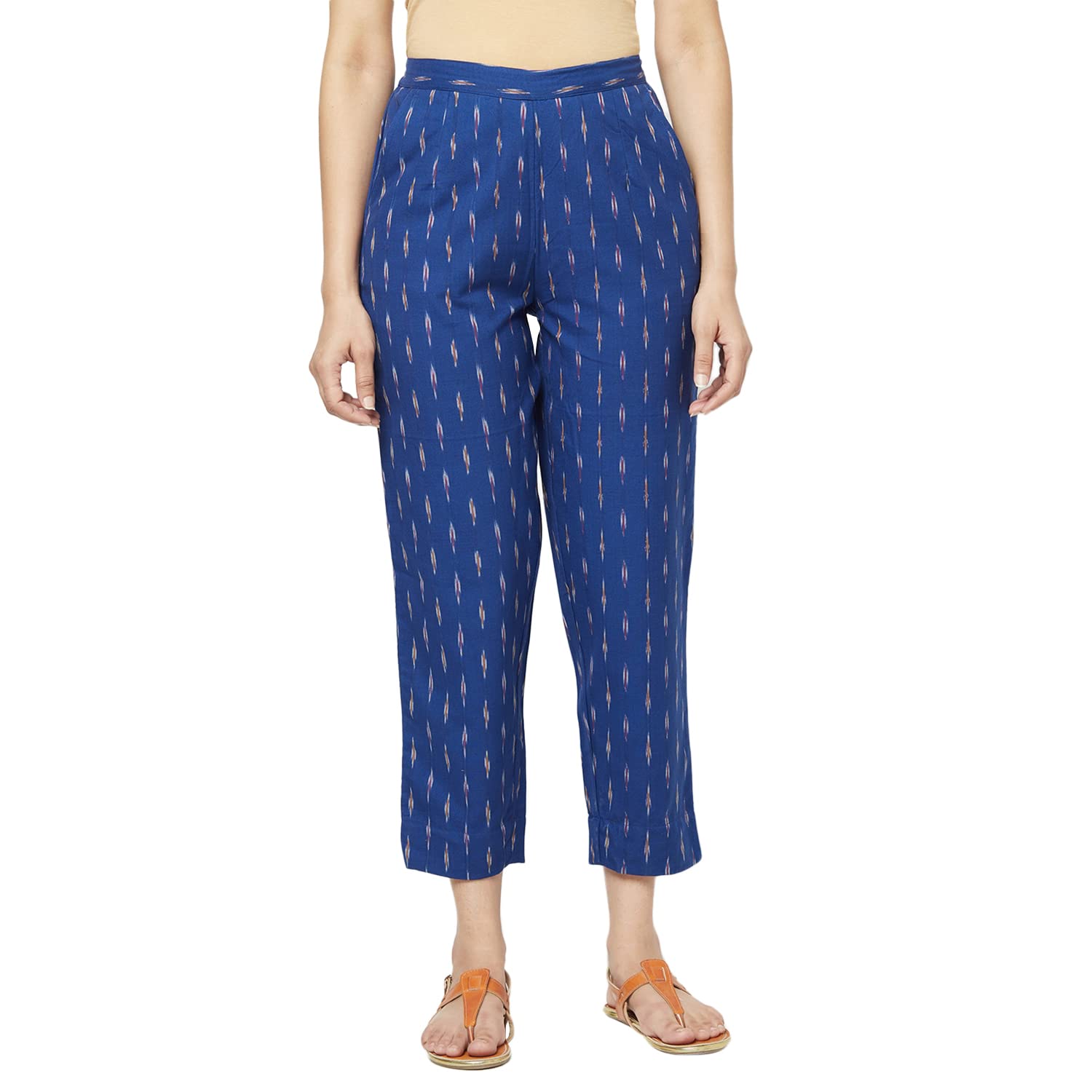 Fabindia Women Ikat Tapered Casual Pant Cotton_M Blue