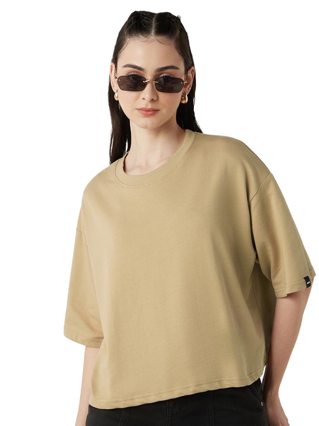 Bewakoof Heavy Duty 1.0 Women Solid Oversized Fit Half Sleeve Round Neck Terry Short Top_640635_Brown_XL