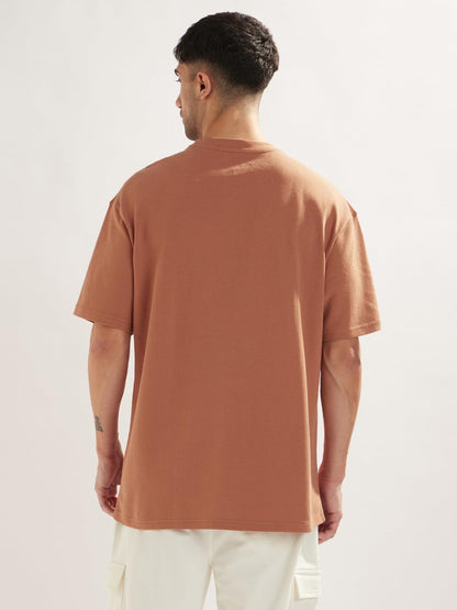 Nobero MenS Self Design Oversized Fit T-Shirt (1M-Twts-R0102_Peca Brown
