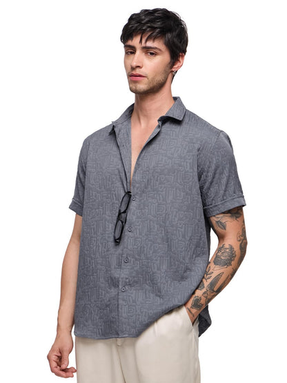 The Souled Store Silver Men and Boys Half Sleeve Collared Neck Button Front Regular Fit Textured Holiday Shirts