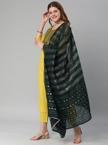 GoSriKi Women's Cotton Blend Solid Straight Kurta with Pant & Dupatta (RATAR-MAHENDI-GS)