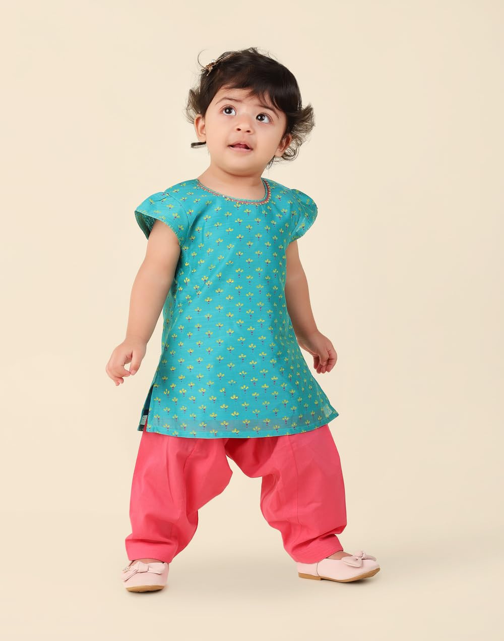 Fabindia Baby Girl's Cotton Silk Printed Regular Fit Salwar Set (1032873TEAL_Teal