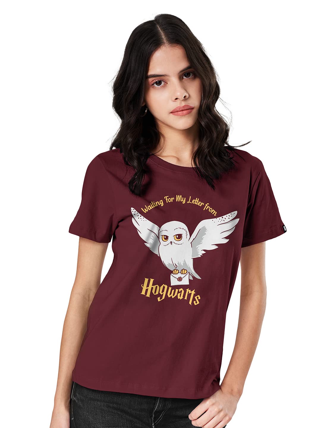 The Souled Store Women Official Harry Potter: Hedwig Special Burgundy Printed T-Shirt for Women Round Neck Half Sleeve Printed B