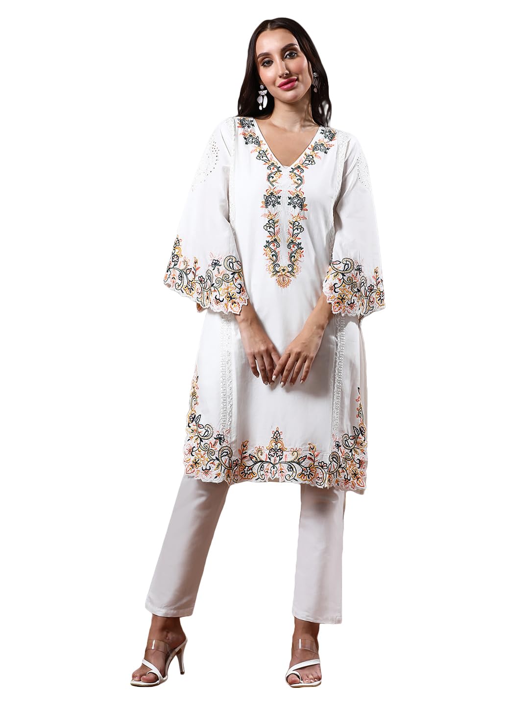 Varanga Floral Embroidered Pure Cotton Flared Sleeves V-Neck Straight Kurta With Trousers