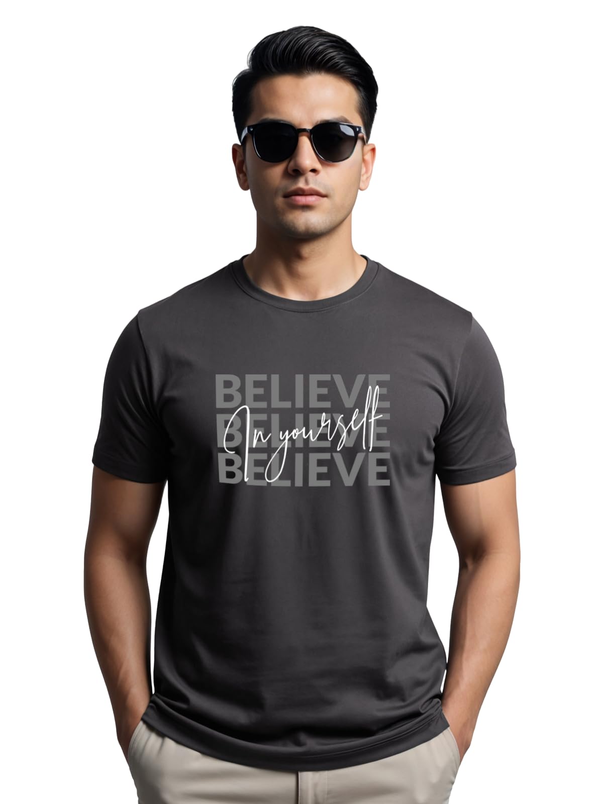 ADRO Mens Dark Grey Motivational Printed Tshirt | Regular Fit T Shirt | Cotton Lycra Stretch Fabric | Sizes S to 5XL| Believe i