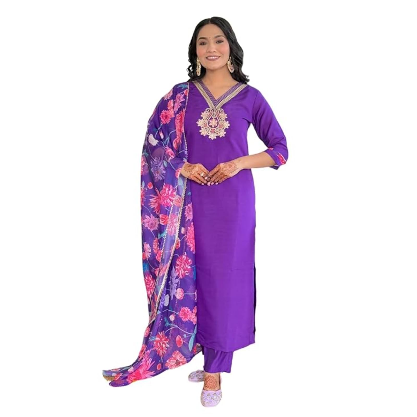Naixa WomenS Wine Roman Silk Embroidered Straight Kurta With Roman Silk Pant And Organza Printed Dupatta Sets (Nx-M-Shradha-Win