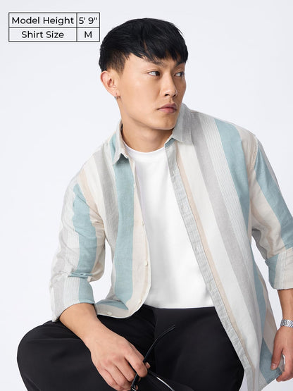The Souled Store Cotton Linen Stripes: Prism Men and Boys Long Sleeve Collared Neck Button Front Regular Fit Cotton Linen Shirt