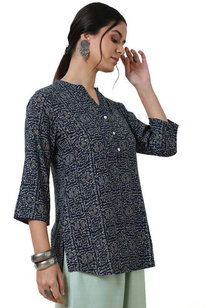 Soch Womens Navy Blue Foil Print Rayon Slub Tunic