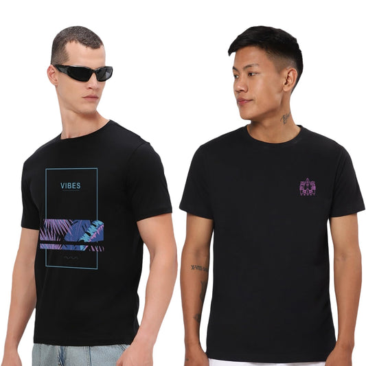 Bewakoof Mens Vibes and Graphic Printed 100% Cotton T-Shirts (Pack of 2) - Regular Fit, Round Neck, Half Sleeves_601729_Black_S