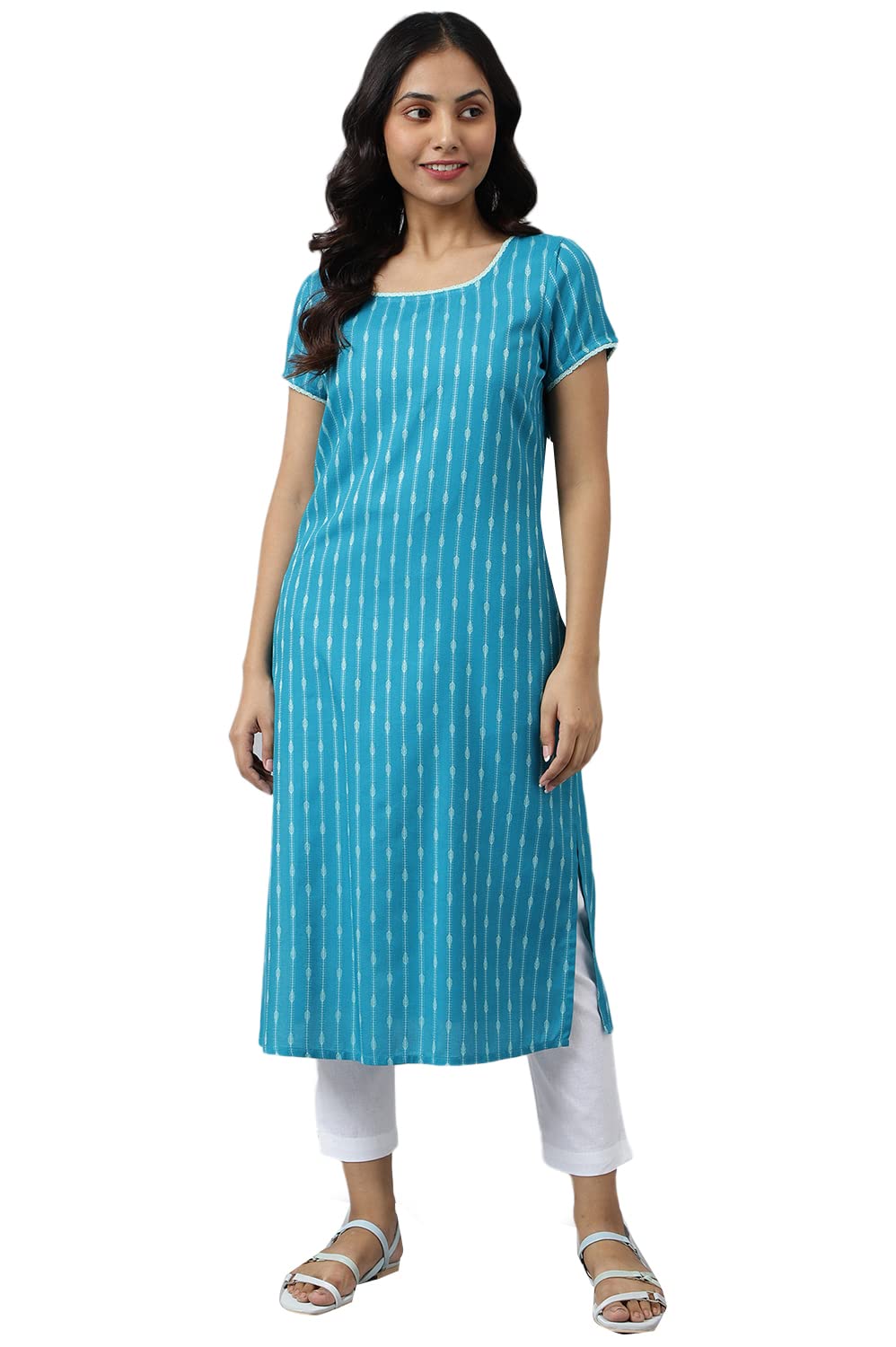 Aurelia Women Teal Dobby Geometric Yarn Dyed Straight Kurta_22AUA13361SS-702534_XS