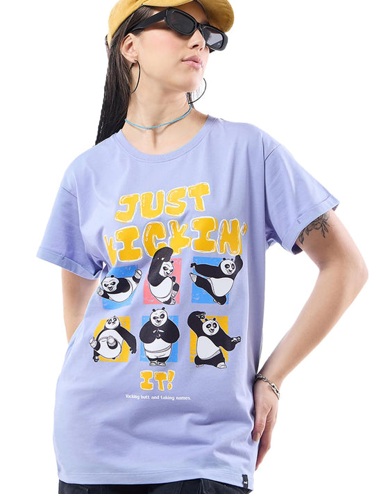 Bewakoof Official Kung Fu Panda Merchandise Womens Graphic Print Boyfriend Fit Half Sleeve Round Neck Cotton T-Shirt_633996_Pur