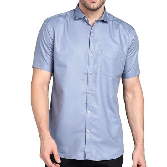 Mildin MenS Regular Cotton Blend Grey Slim Fit Solid Button Down Spread Collar Half Sleeve Curved Hemline Formal Shirt With One