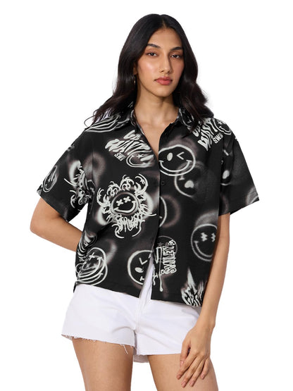 The Souled Store Smiley: Shadow Haze Women and Girls Short Sleeves Collared Neck Button Front Black Printed Viscose Blend Regula