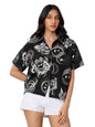 The Souled Store Smiley: Shadow Haze Women and Girls Short Sleeves Collared Neck Button Front Black Printed Viscose Blend Regula