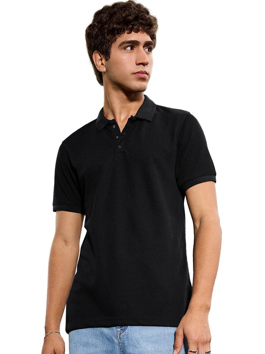 Bewakoof Mens Self Design Regular Fit Half Sleeve Polo Polycotton T-Shirt_684265_Black_M