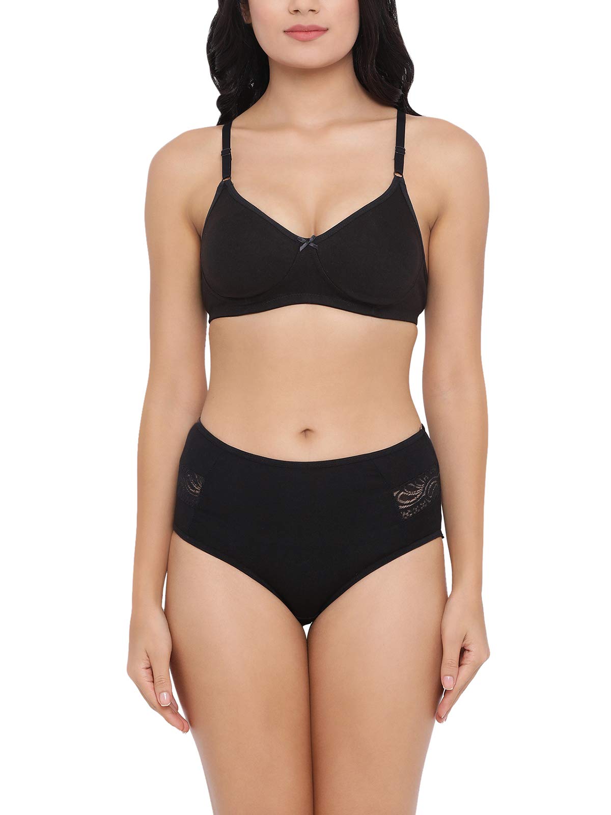 Clovia WomenS Cotton Non Padded Wirefree T-Shirt Bra & Hipster Panty (Combbp221_Black_32B)