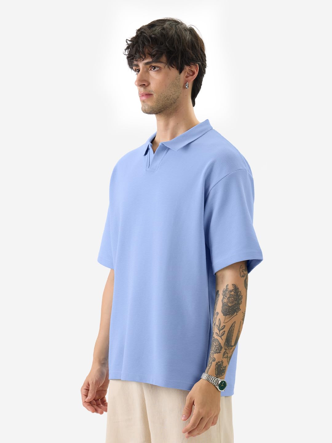 The Souled Store Solids: Pastel Blue Men and Boys Short Sleeves Collared Neck Textured Cotton Blend Oversized Polos