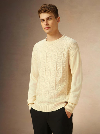 Dennis Lingo Men Cream Solid Acrylic Regular Fit Full Sleeve Sweater