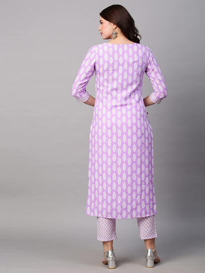 GoSriKi Women's Cotton Blend Printed Straight Kurta with Pant (Danapa Purple-Nw01-GS)
