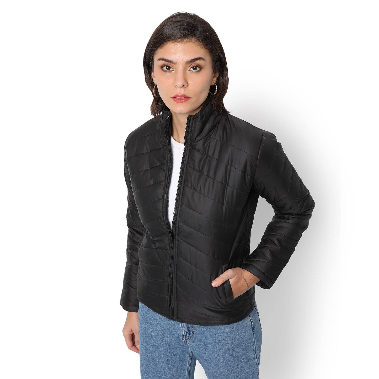 Campus Sutra Women Black Puffer Regular Fit Bomber Jacket For Winter Wear | Standing Collar | Full Sleeve | Zipper | Casual Jack