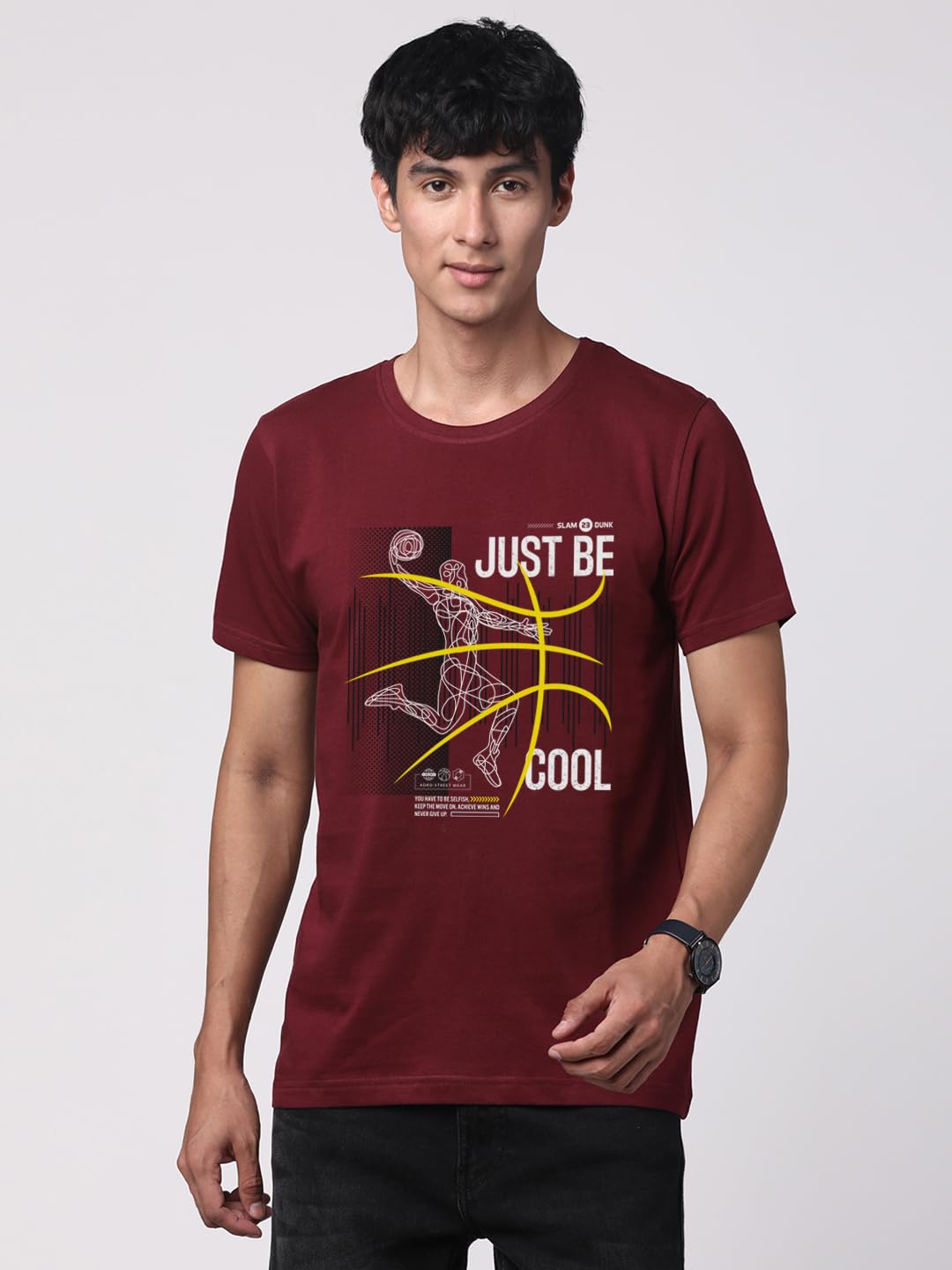 ADRO Men's Graphic Printed 100% Cotton T-Shirt - Regular Fit, Printed T-Shirts for Men (RN24-BCL-MR_Maroon)