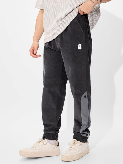 The Souled Store Corduroy Joggers: Charcoal Men and Boys Elasticated Toggles Leg Closure Beige Printed Cotton Blend Baggy Fit Ov