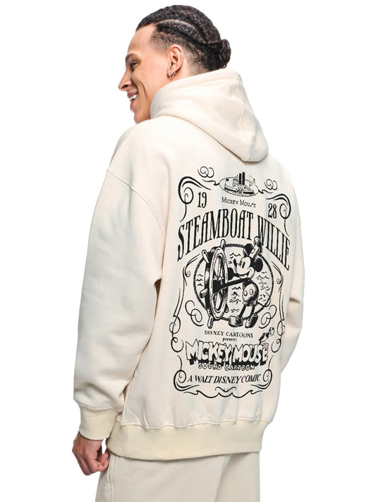 Bewakoof Official Disney Merchandise Mickey Mens Graphic Print Oversized Fit Full Sleeve Hooded Fleece Hoodies_652548_Beige_S