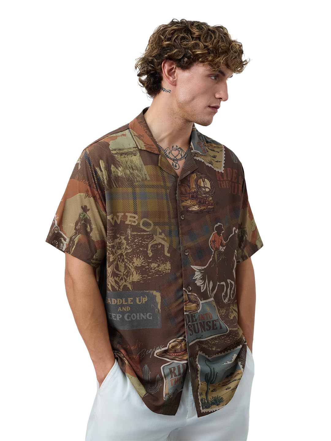 The Souled Store Summer Shirt: Cowboy Men and Boys Short Sleeves Collared Neck Button Front Brown All Over Printed Regular Fit R