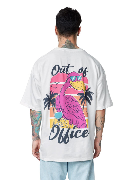 The Souled Store Out of Office White Color Men Oversized T Shirts for Men Baggy Off-Shoulder Loose Fit Relaxed Drop Shoulder Hal