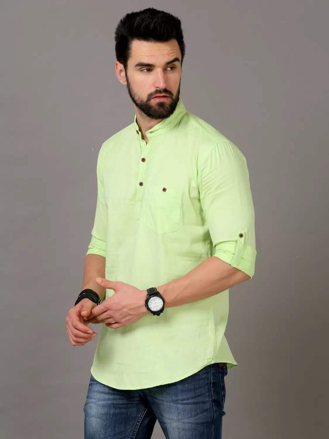 Deemoon MenS Regular Fit Solid Spread Collar Casual Shirt With A Trendy Mandarin Collar Crafted From A Premium Cotton Blend Pis