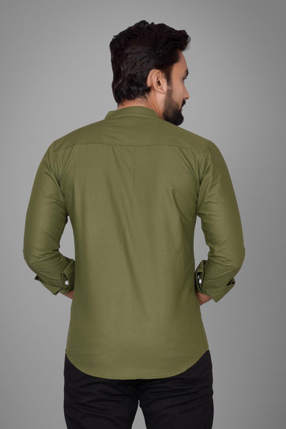 Besix MenS Cotton Solid Shirt With Mandarin Collared Full Sleeve Button Closure Curved Hem Straight Length And One Pocket | Mdr