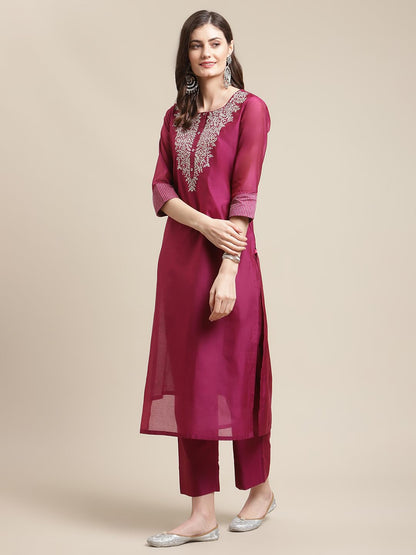 Varanga Women Magenta Zari Embroidery Kurta Trouser Set with Floral Printed Organza Dupatta  Elegant Ethnic Wear for Women, Perf