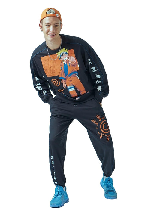 Bewakoof Official Naruto Merchandise Mens Graphic Printed Oversized Fit Full Sleeve Round Neck Terry Co-ordinates_619986_Black_