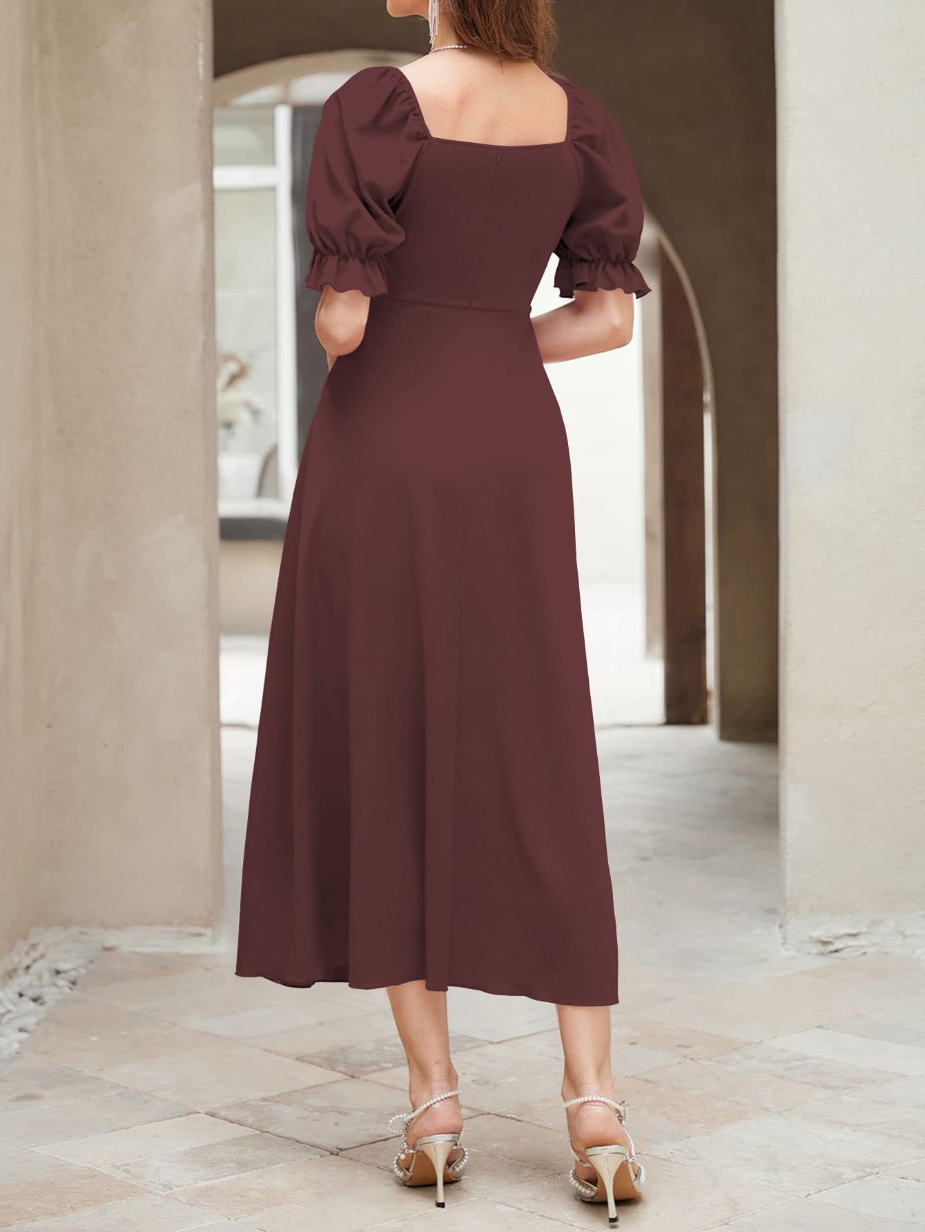 Shasmi GirlS & WomenS Solid Brown A-Line Ruched Puff Sleeve Maxi Long Evening One Piece Long Dress For Women Stylish (Dress 13