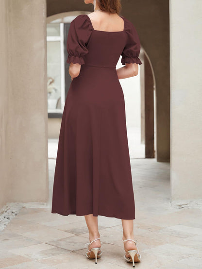 Shasmi GirlS & WomenS Solid Brown A-Line Ruched Puff Sleeve Maxi Long Evening One Piece Long Dress For Women Stylish (Dress 13