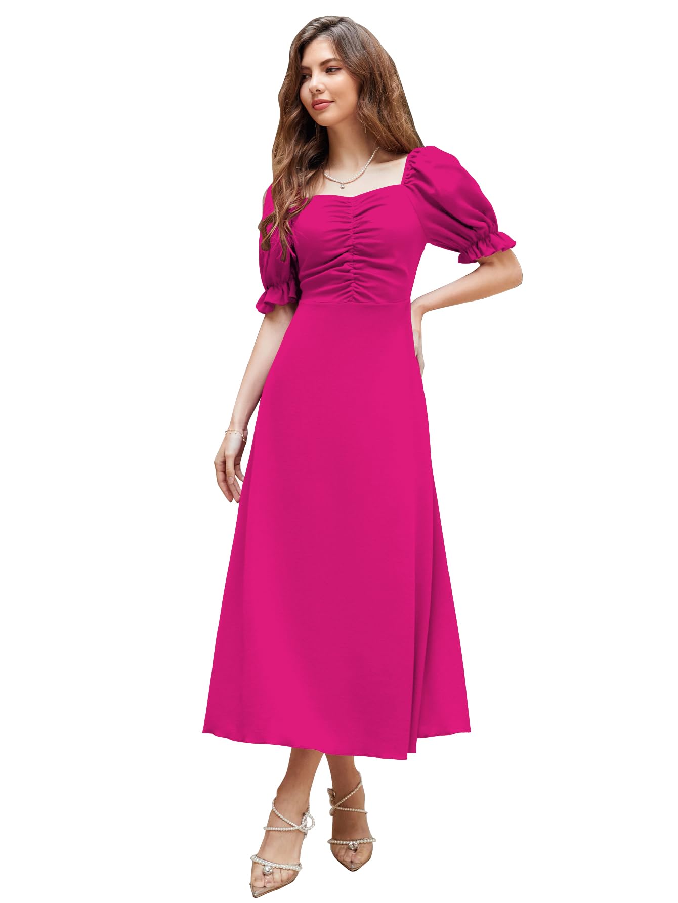 Shasmi GirlS & WomenS Solid Hot Pink A-Line Ruched Puff Sleeve Maxi Long Evening One Piece Long Dress For Women Stylish (Dress