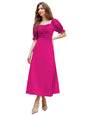 Shasmi GirlS & WomenS Solid Hot Pink A-Line Ruched Puff Sleeve Maxi Long Evening One Piece Long Dress For Women Stylish (Dress