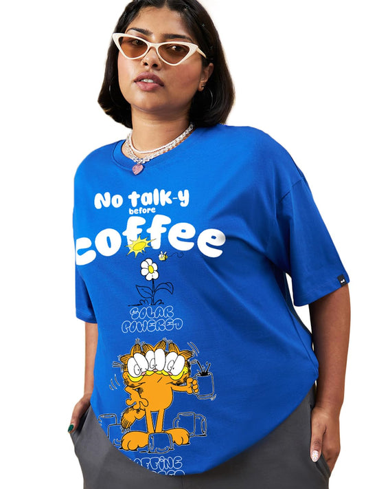 Bewakoof Official Garfield Merchandise Womens Graphic Printed Oversized Fit Half Sleeve Round Neck Cotton Jersey Plus Size T-Sh