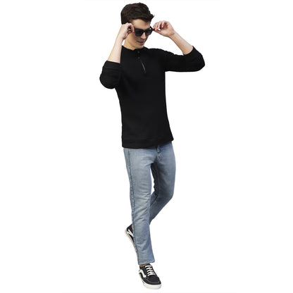 Rigo Men Black Henley Neck Full Sleeves Waffle Knit T-Shirt