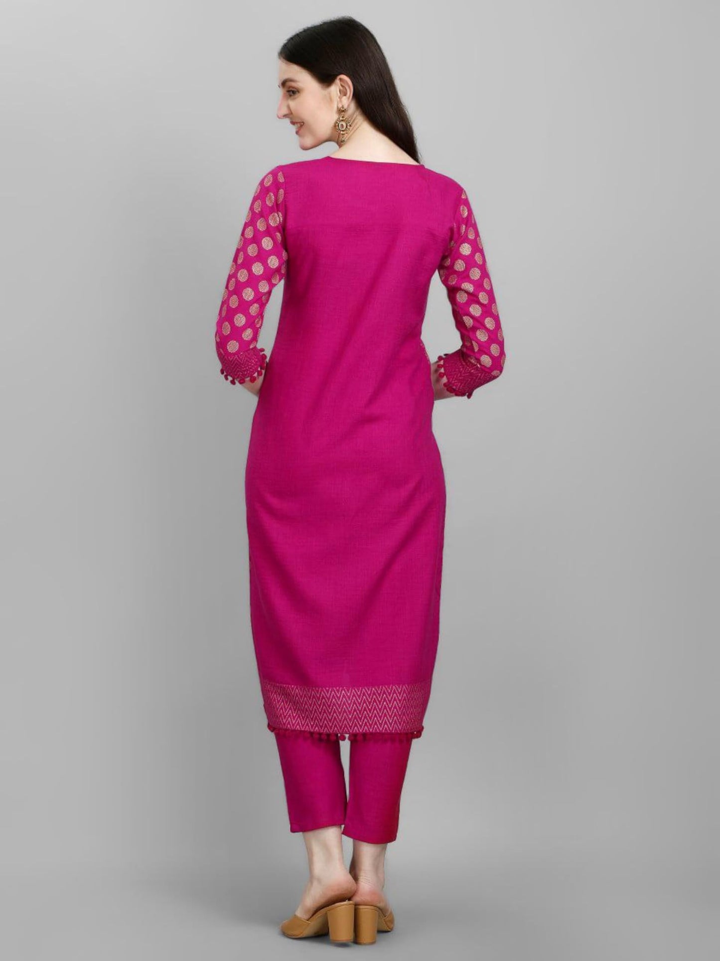 Modestouze Attires WomenS Cotton Blend Gold Pigment Printed Cord Set With Round Neck 3/4 Sleeve Straight Cut Length Kurta And S