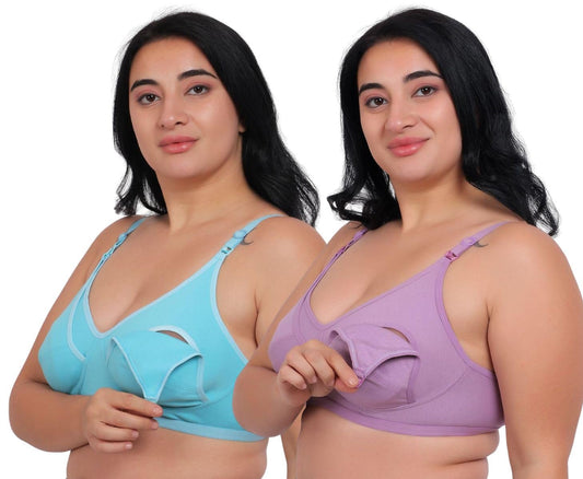 Fabme WomenS Cotton Wire Free Casual Nursing Bra (Pack Of 2) (Po2-Br_14_Seagreen, Lavender