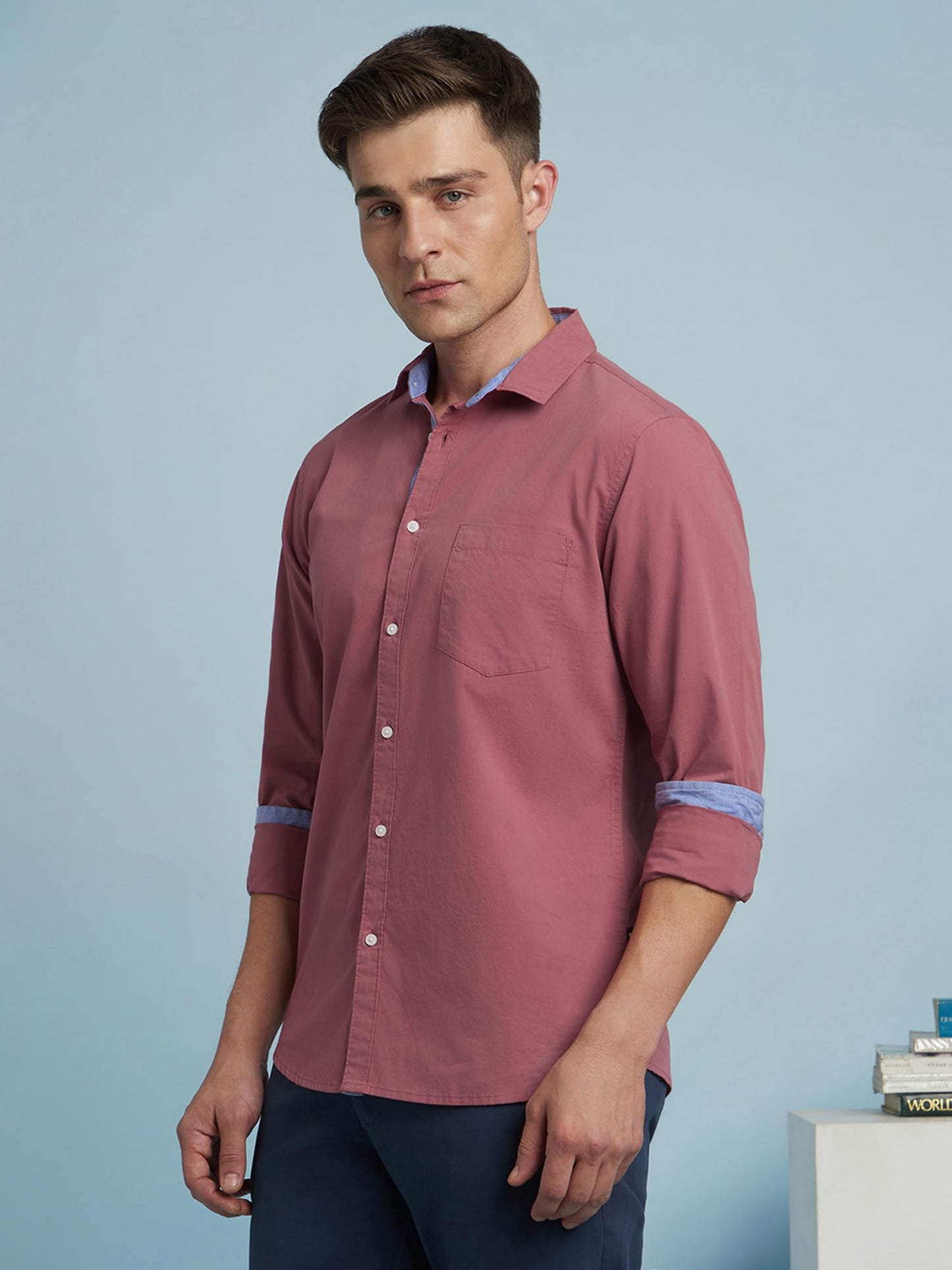 Dennis Lingo Men Solid Spread Collar Full Sleeves Regular Fit Casual Shirt Light Pink