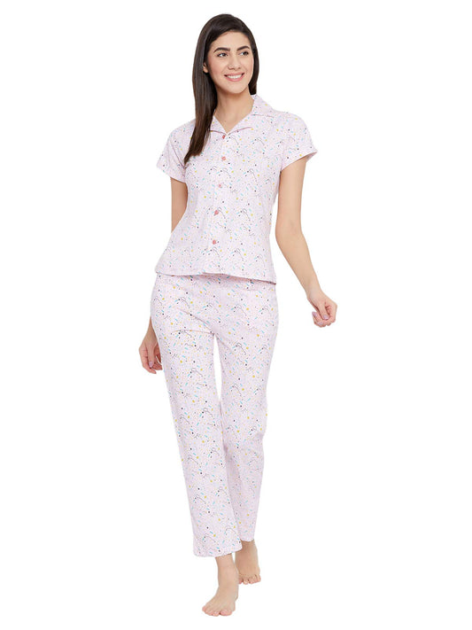 Clovia Cotton Button Down Shirt & Pyjama Set (LS0025A22_Pink_M)