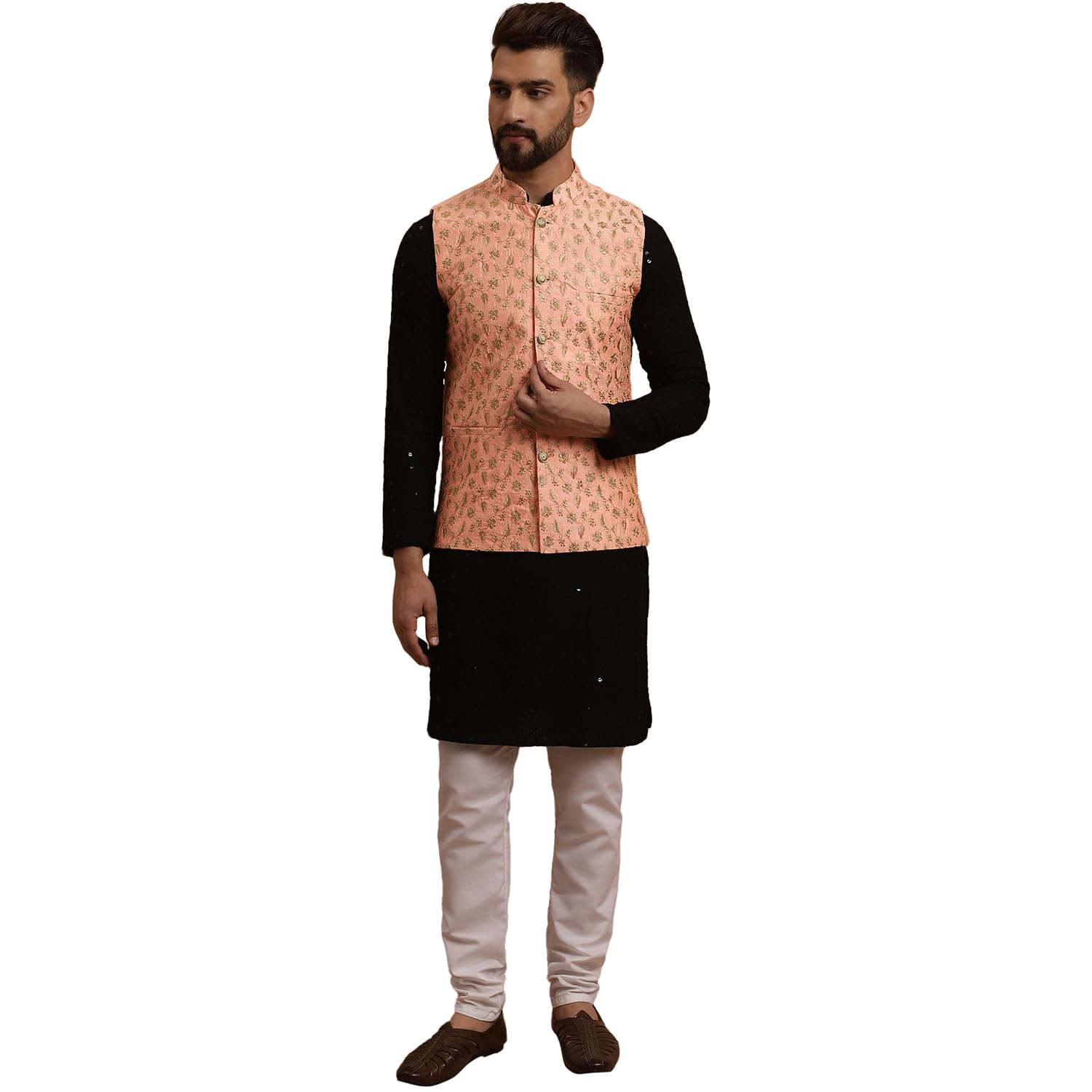 SOJANYA (Since 1958 Men's Cotton Black Kurta and White Pyjama Peach Embroidery Nehru Jacket